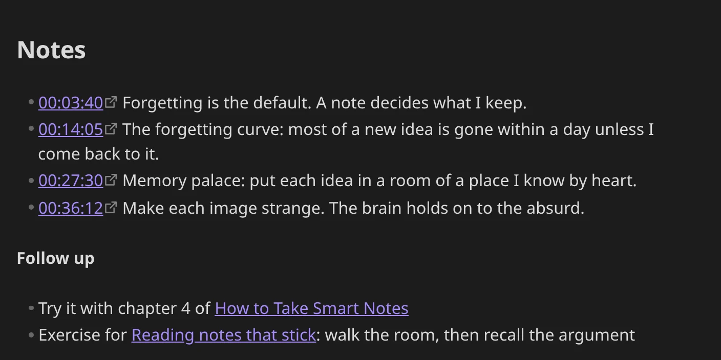 The Notes section of an episode note with four captured timestamp links, each followed by a note, and a Follow up list